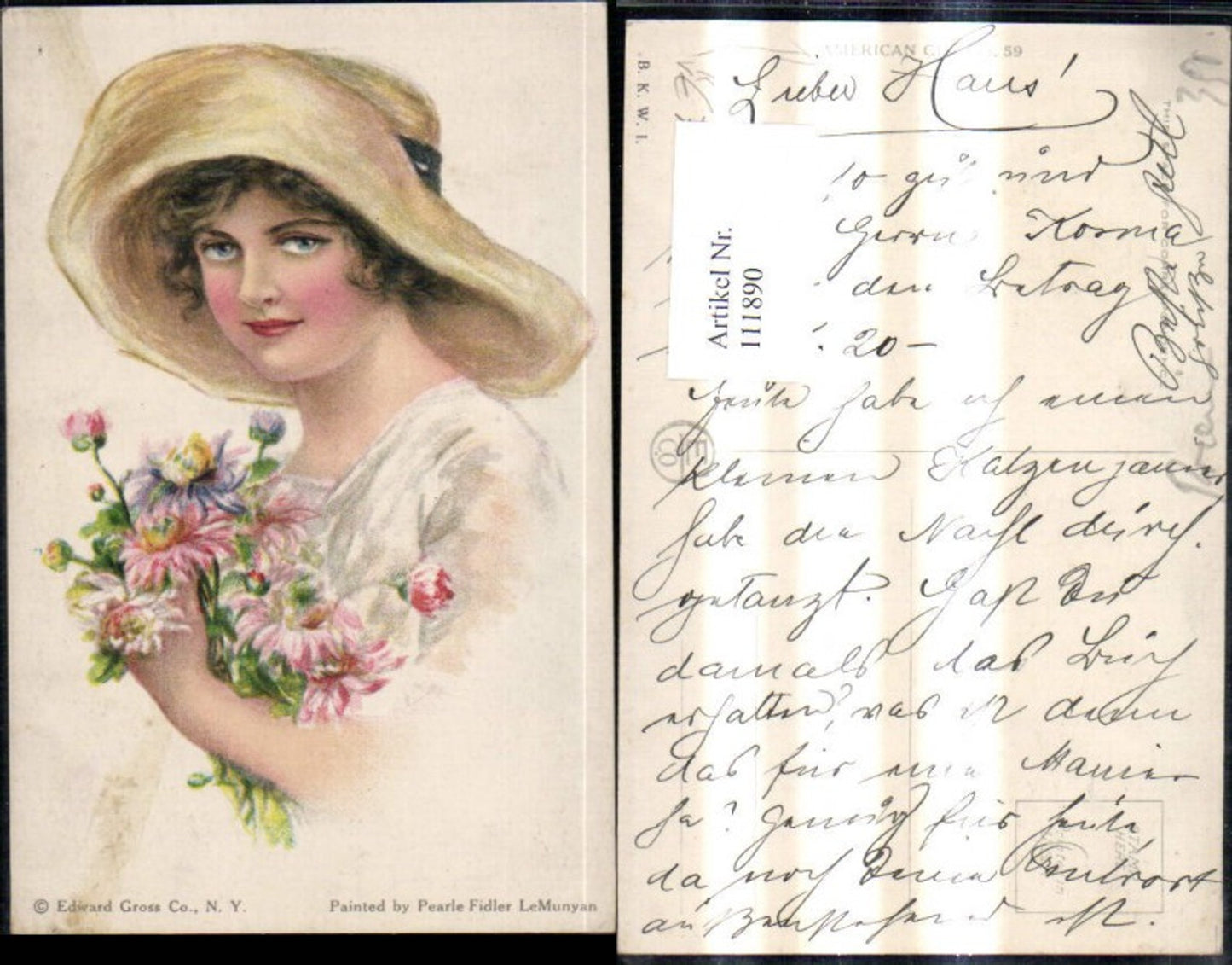111890,Künstler Ak Pearle Fidler LeMunyan Frau m. Hut Strohhut Blumenstrauß pub American Girl 59 B.K.W.I.