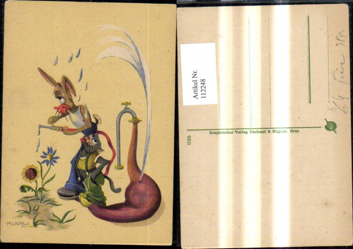 112248,Künstler Ak Klapa Scherz Humor Hase Maus m. Gartenschlauch Blumen