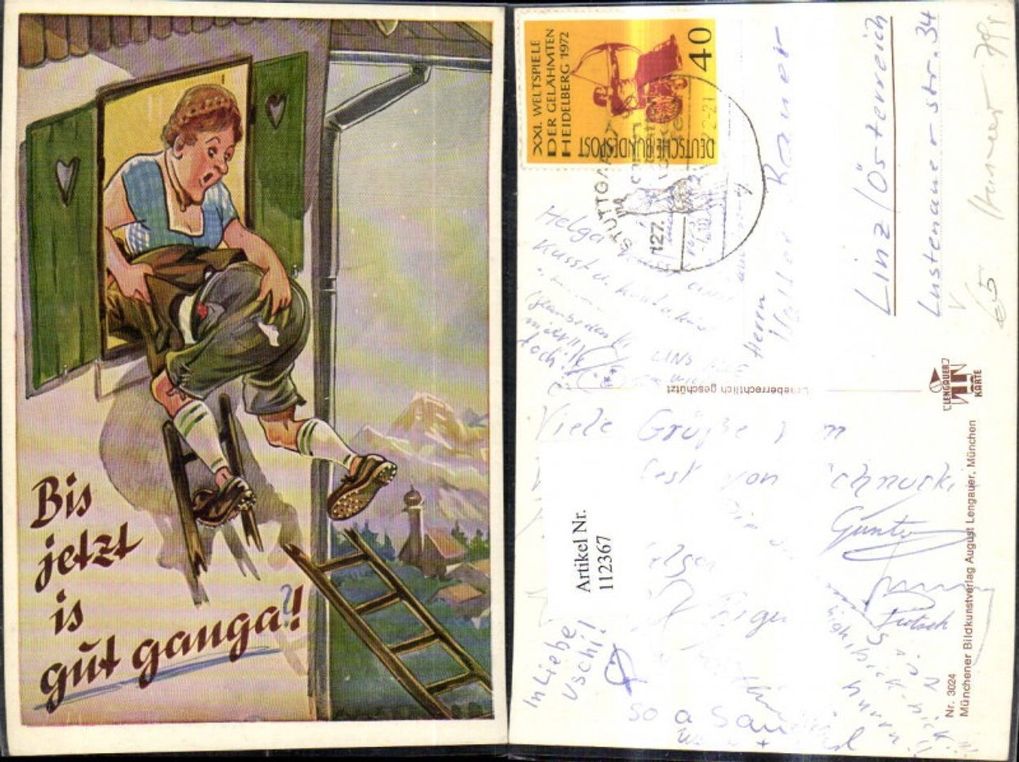 112367,Künstler Ak Scherz Humor Leiter bricht b. Fenster Frau Spruch pub August Lengauer 3024