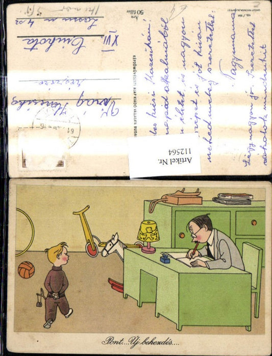 112564,Künstler Ak Scherz Humor Bub Mann a. Schreibtisch Pont Uj bekezdes