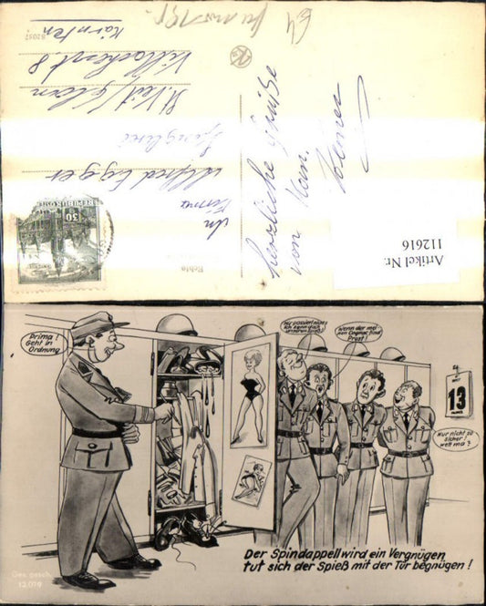 112616,Künstler Ak Scherz Humor Soldaten Spind Plakat Sexy Frau Spruch Text