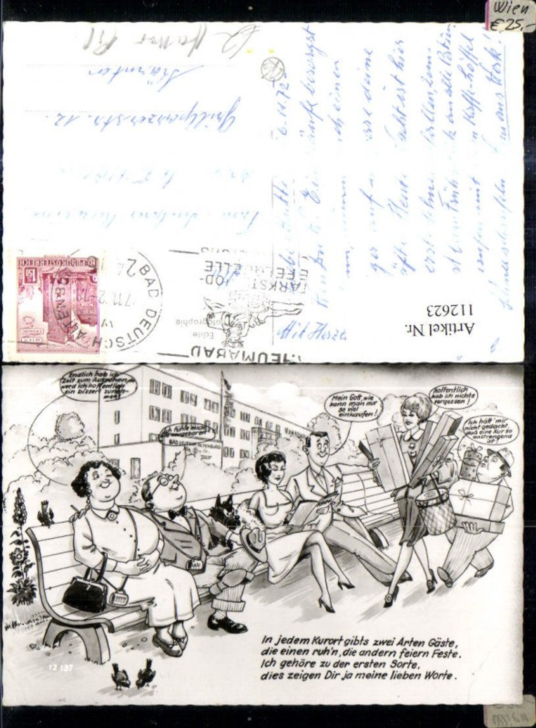 112623,Künstler Ak Scherz Humor Leute a. Bank Kur Spruch Text