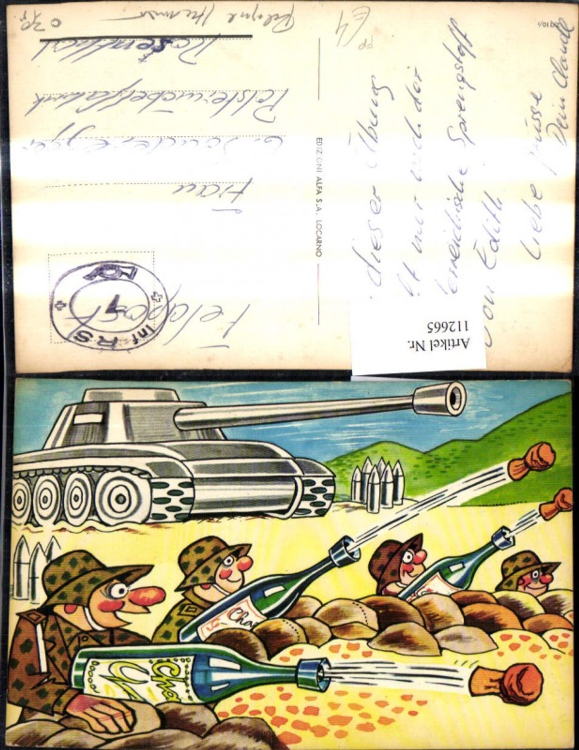 112665,Künstler Ak Scherz Humor Soldaten Sekt Sektkorken a. Stellung Panzer Feldpost Stempel Inf. RS 1