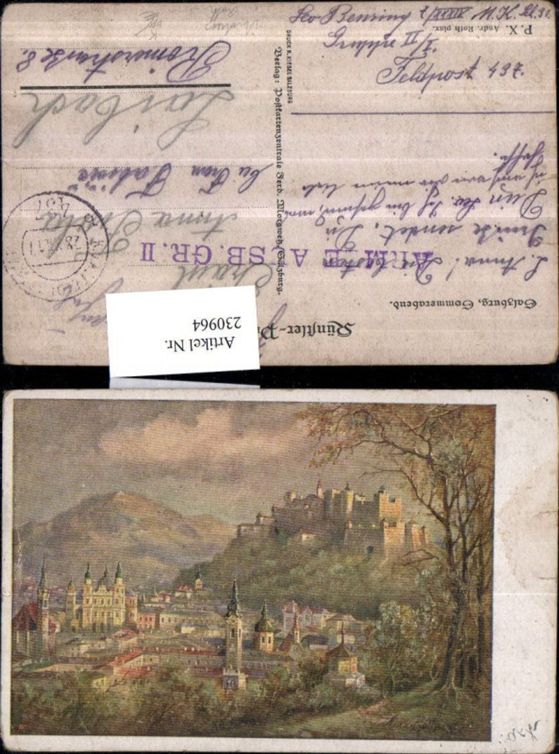 230964,Künstler AK Andreas Roth Salzburg Teilansicht m. Festung Feldpost Nr. 437