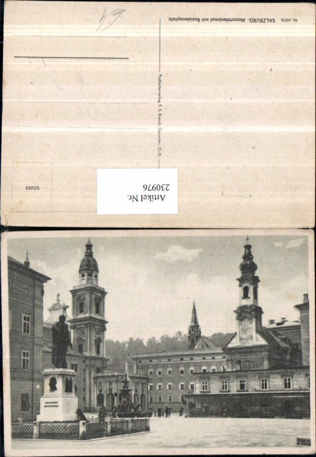 230976, Salzburg Mozart Monument with Residence Square Tower Fountain pub FE Brandt