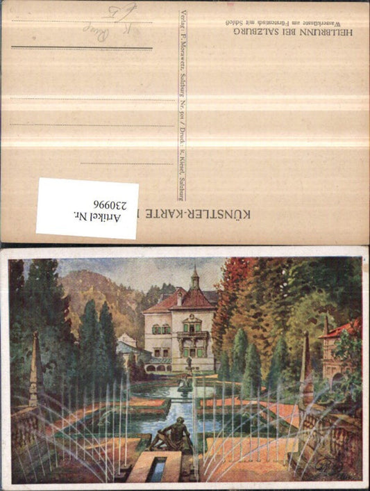 230996,Künstler AK Ruep Salzburg Hellbrunn Wasserkünste am Fürstentisch m. Schloss