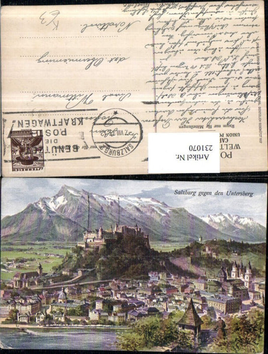 231070,Künstler AK Salzburg Totale m. Festung geg. d. Untersberg