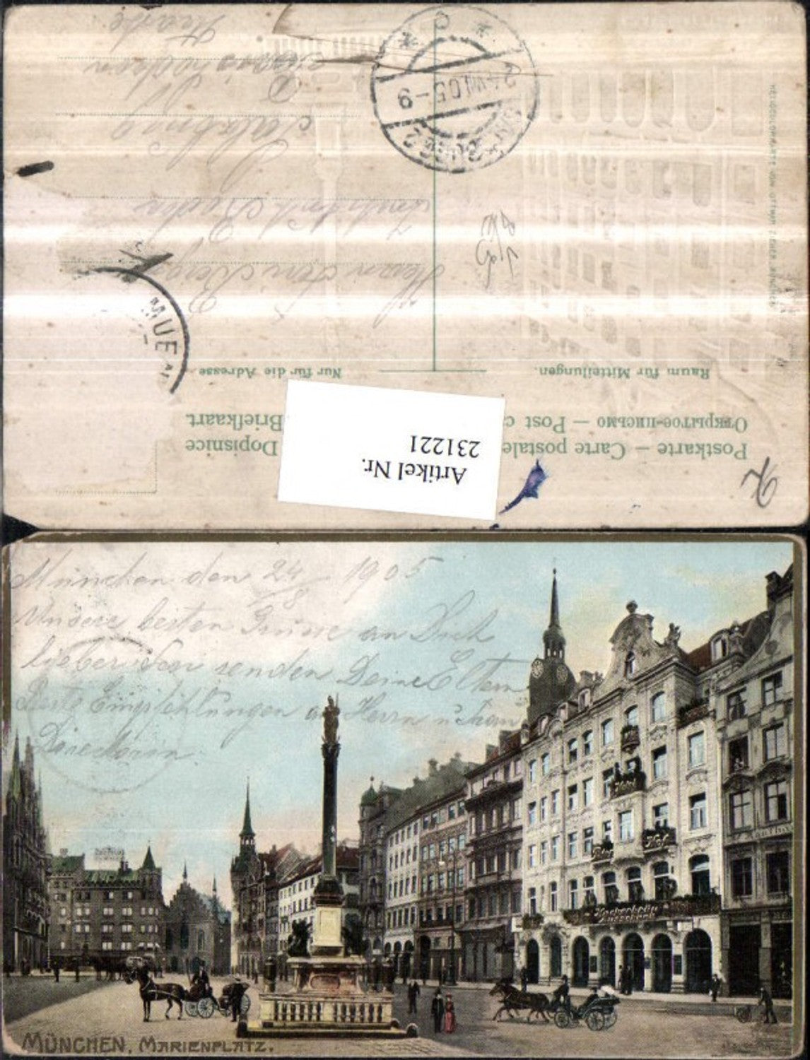 231221,Präge AK München Marienplatz Säule Geschäfte Kutschen pub Ottmar Zieher