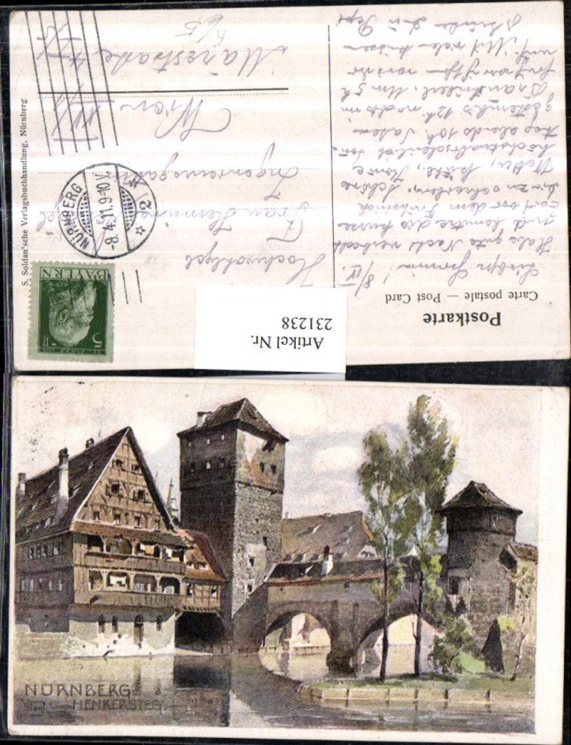 231238,Künstler AK Nürnberg Henkersteg Turm Partie