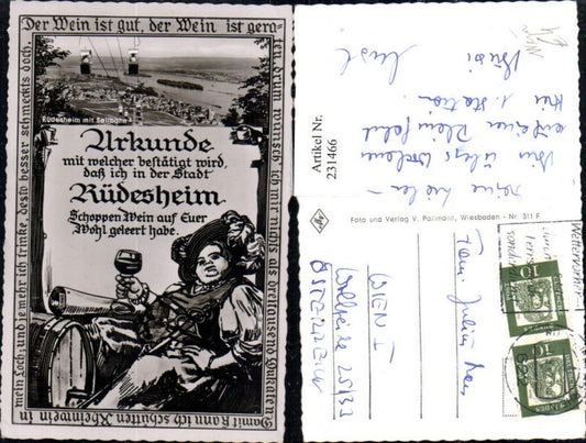 231466,Rüdesheim a. Rhein Totale m. Seilbahn Urkunde Wein Weinglas Fass