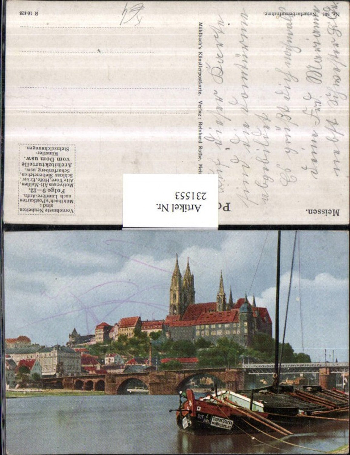 231553,Künstler AK Meißen Meissen Teilansicht Brücke Segelboot Kirche