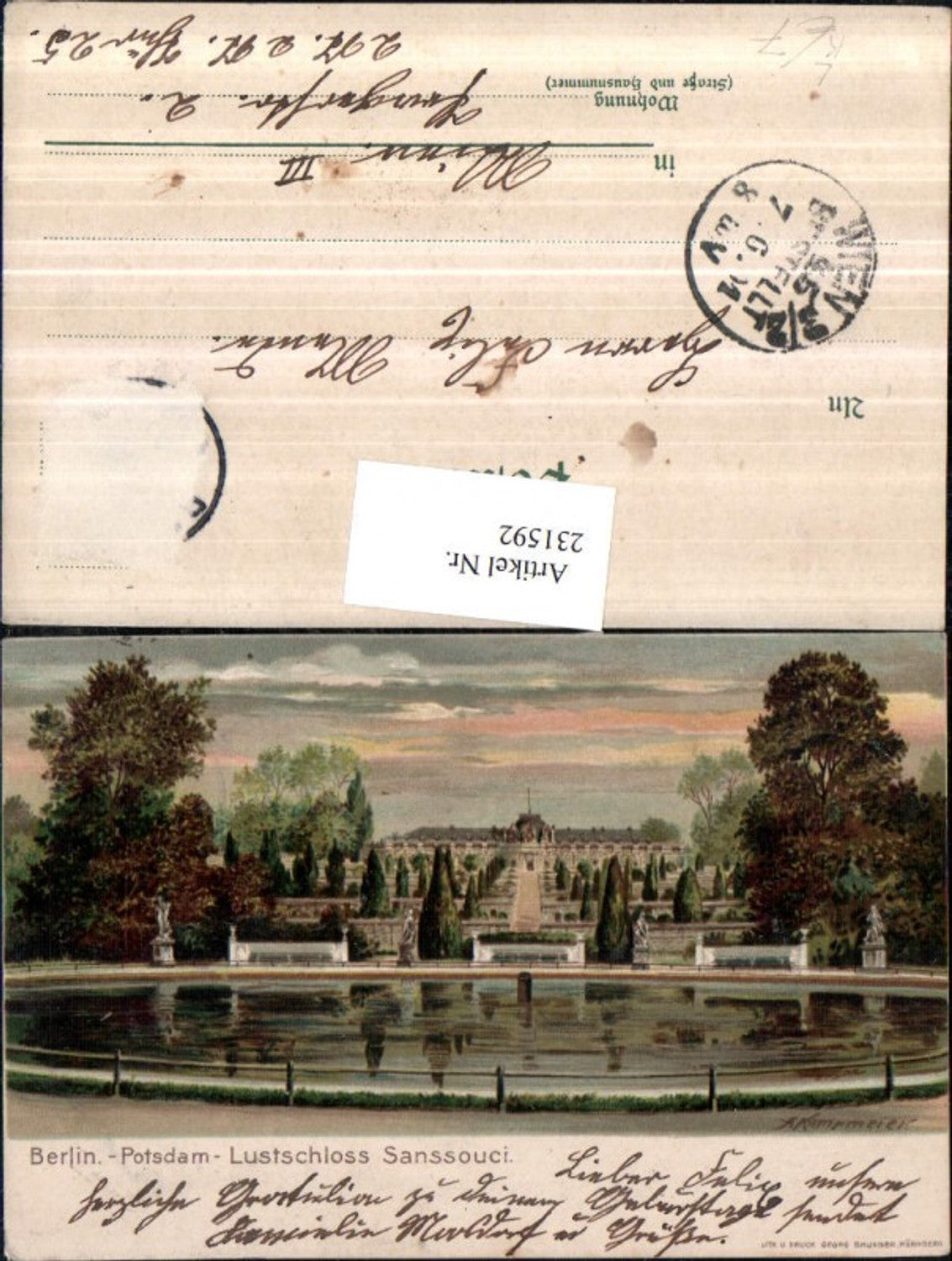 231592,Künstler Litho AK A. Kampmeier Potsdam Lustschloss Schloss Sanssouci