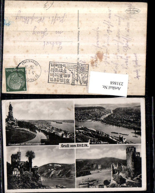 231868,Gruß v. Rhein Rüdesheim m. Niederwalddenkmal Totale Ruine Ehrenfels Burg Rheinstein Mehrbildkarte