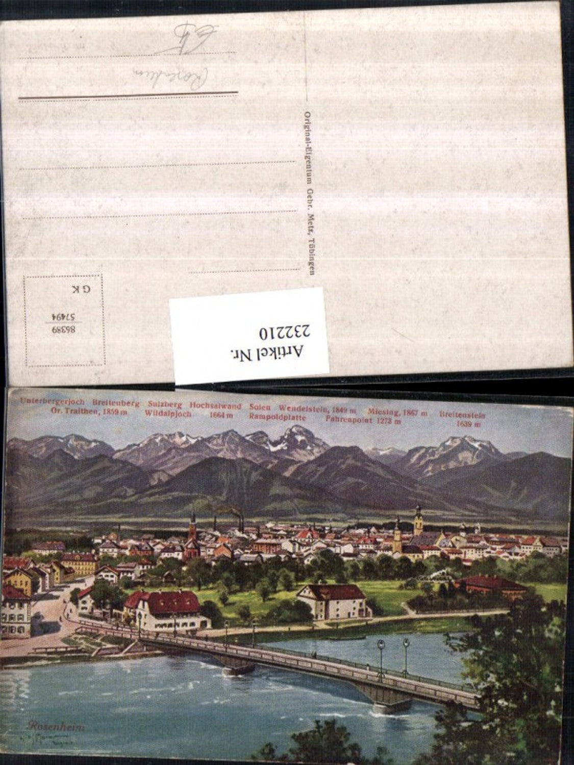 232210, Artist AK Rosenheim Total Bridge with Mountains Alps Miesing Soien Sulzberg