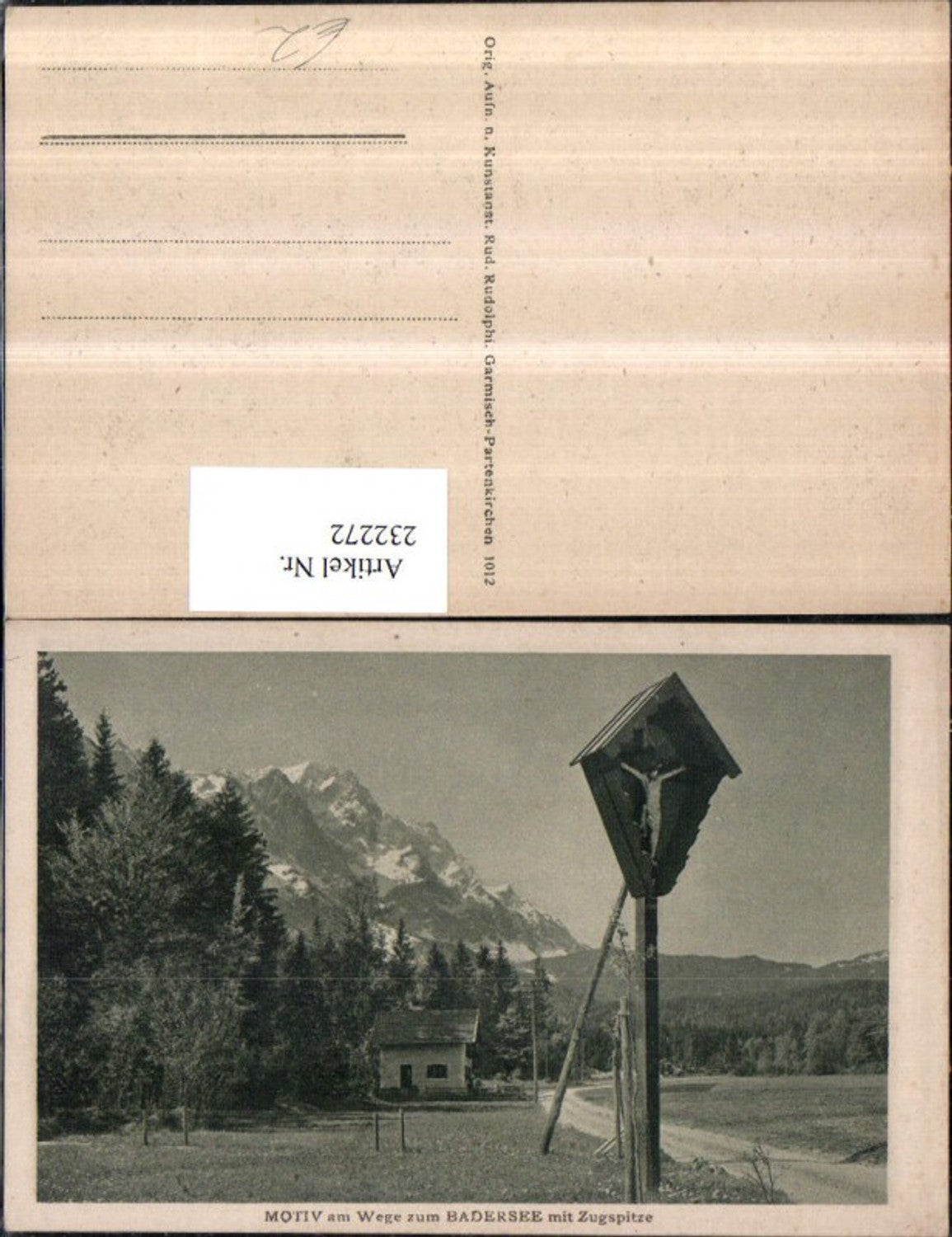 232272,Motiv am Wege zum Badersee b. Grainau m. Zugspitze Wegkreuz
