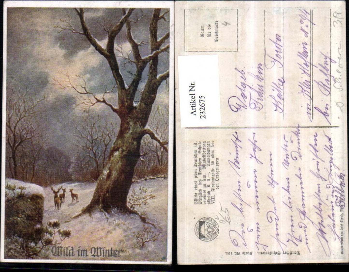 232675,Deutscher Schulverein 734 Wild im Winter Wald Rehe Hirsch Winterbild