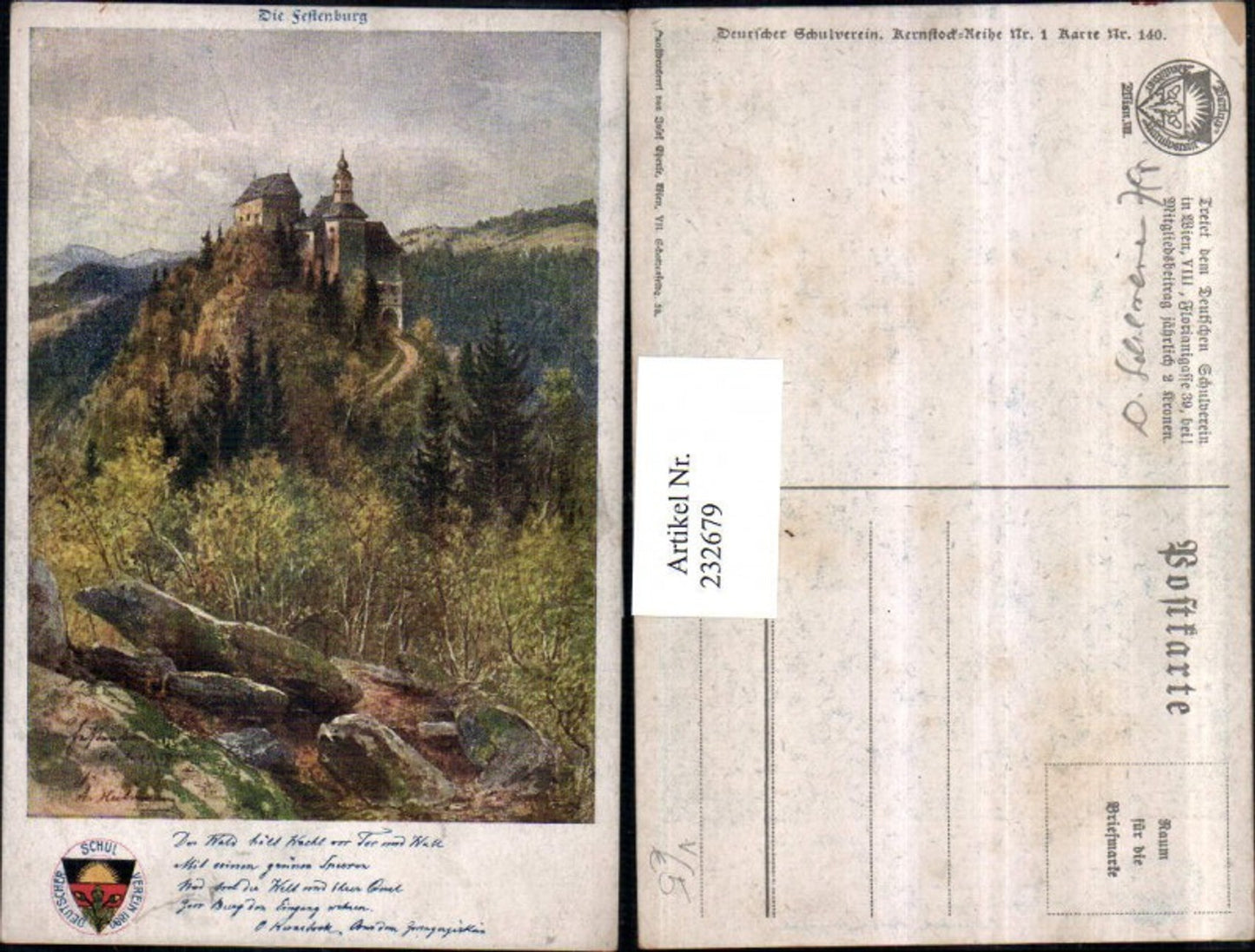 232679,Deutscher Schulverein 140 Künstler AK Die Festerburg Burg Text