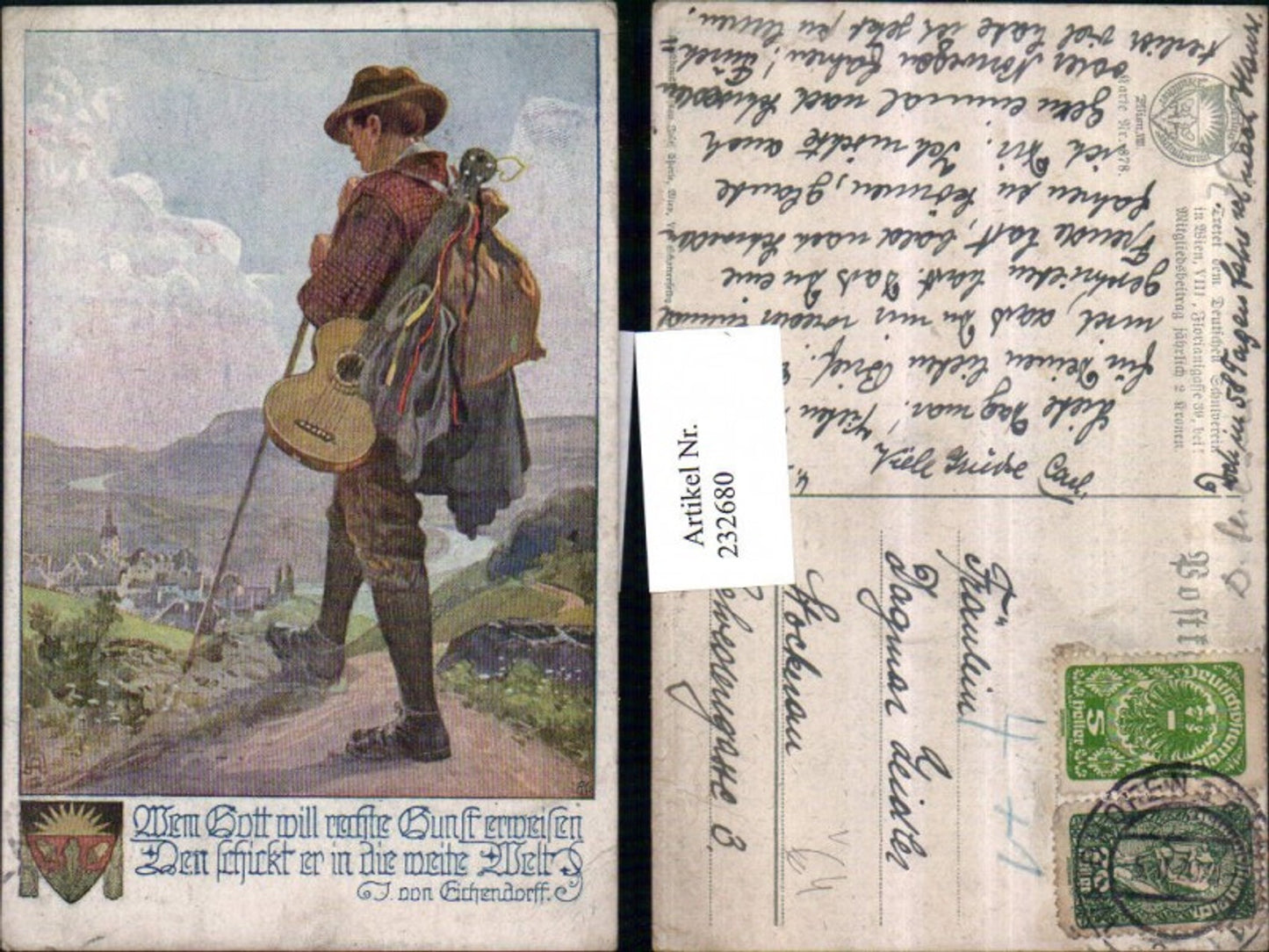 232680,Deutscher Schulverein 878 Mann m. Gitarre Hut Stock Rucksack Text