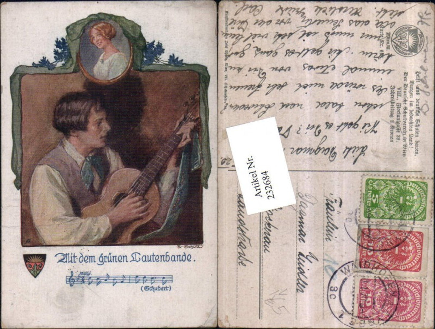 232684, German School Association 696 Artist E. Schütz Man with Lute Woman Portrait Song