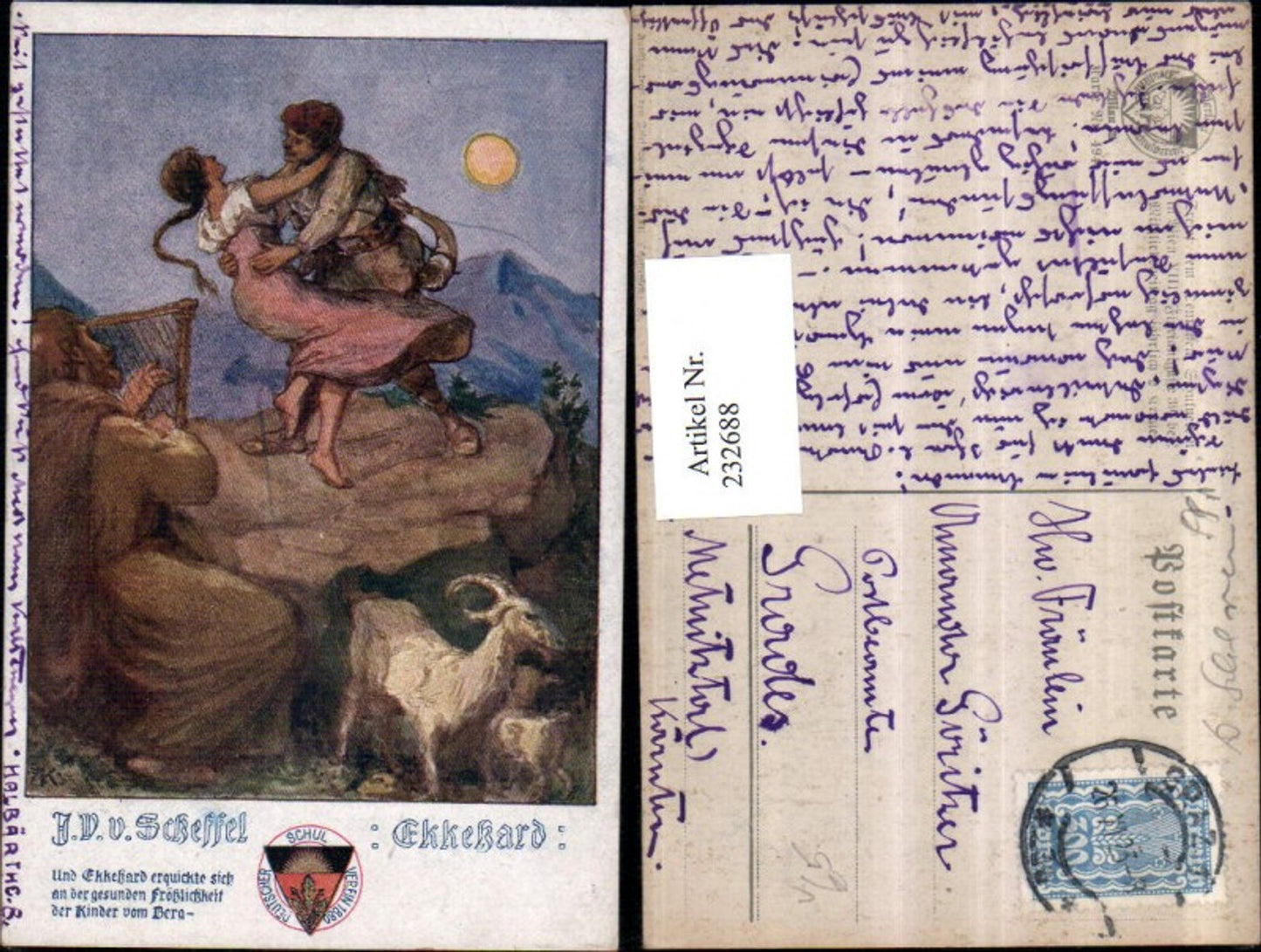 232688, German School Association 494 Artist AK Ekkehard Mann with horn Woman harp Goat