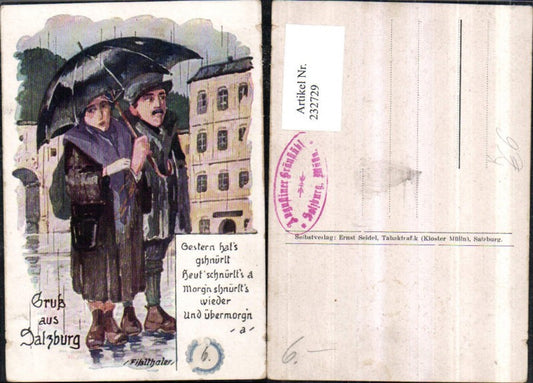 232729,Künstler AK Fitzlthaler Salzburg Mann m. Frau Regenschirm Regen
