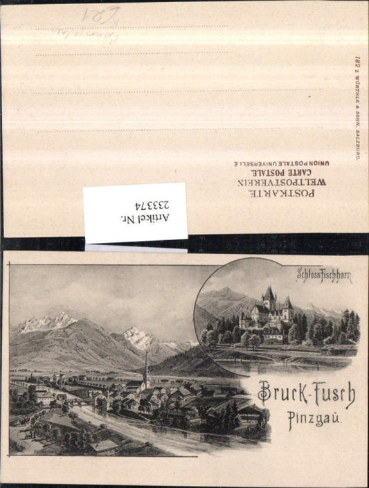 233374,Künstler AK a. Baumgartner Bruck-Fusch Pinzgau Totale Schloss Fischhorn Mehrbildkarte