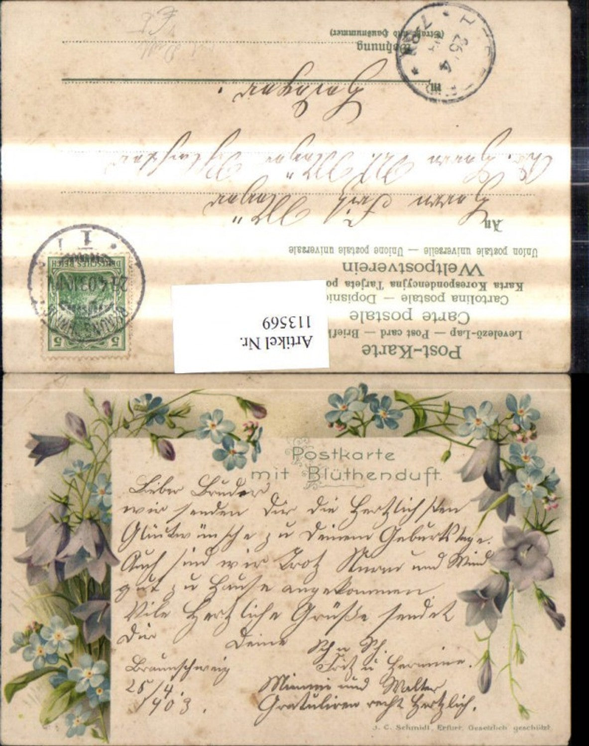 113569,Künstler Ak m. Duft Blütenduft Blumen Veilchen Vergissmeinnicht pub J. C. Schmidt
