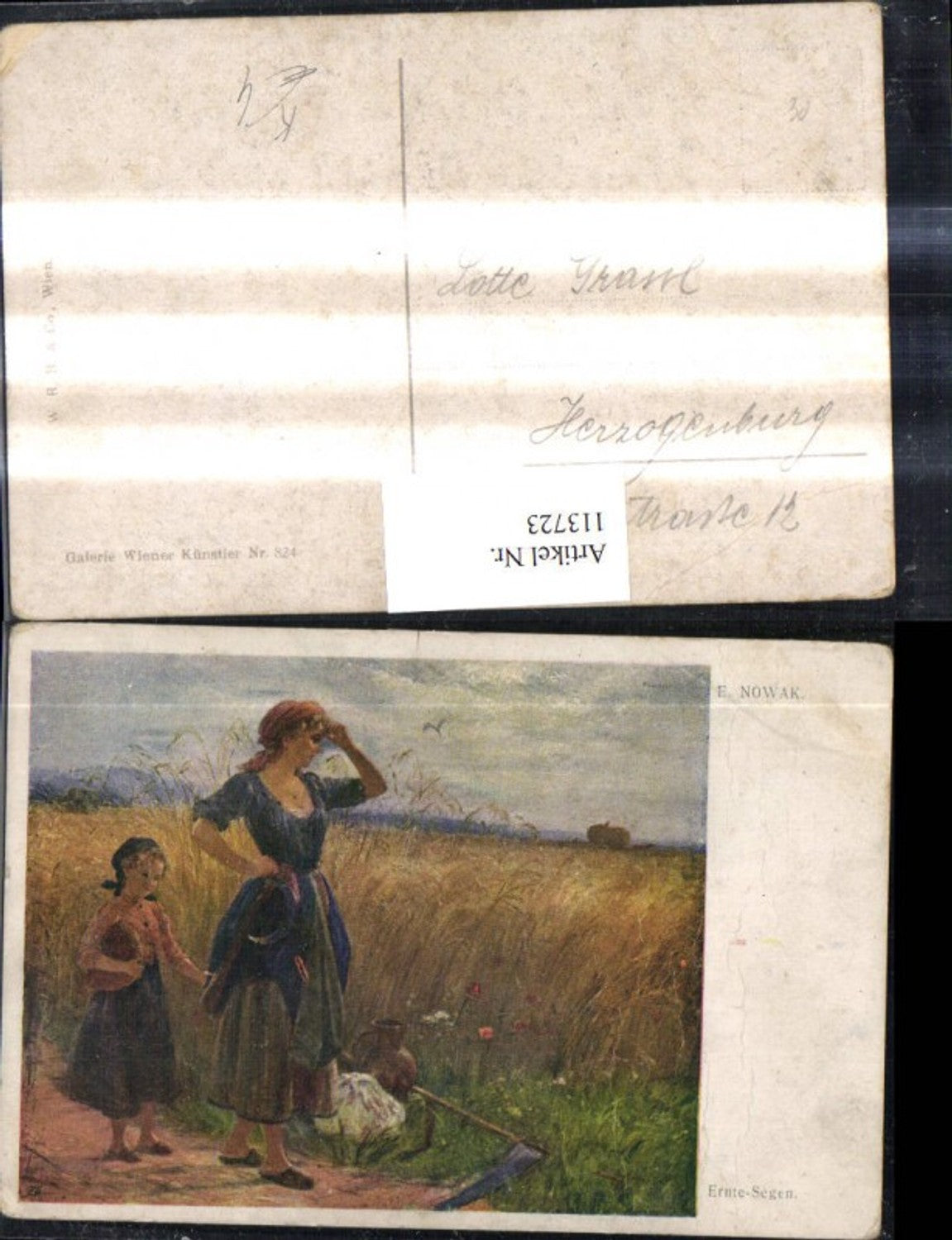 113723,Künstler Ak E. Nowak Ernte Segen Frau Mädchen a. Feld Sense