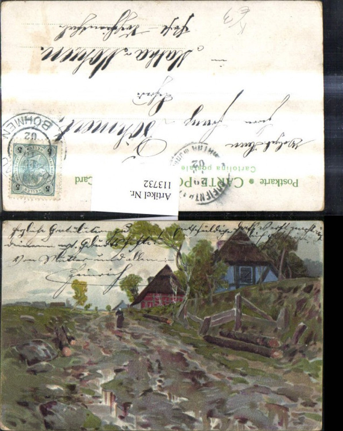 113732,Künstler Ak Haus Strasse Landschaft m. Frau