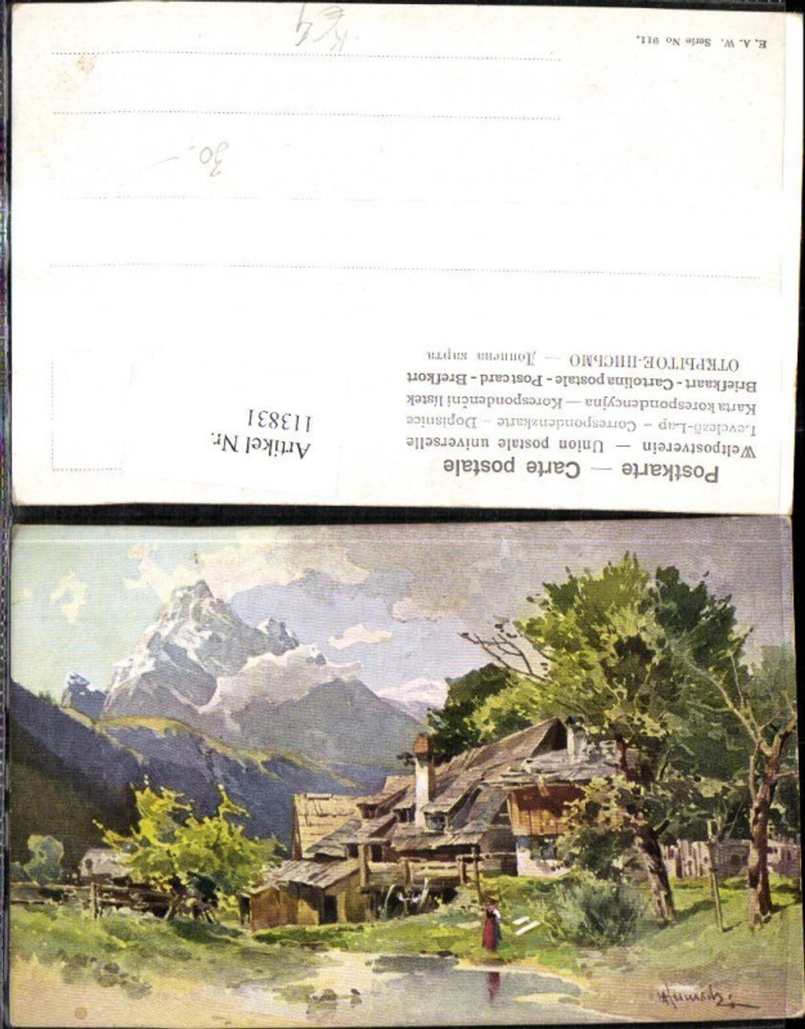 113831,Künstler Ak Dorf Haus a. Fluss Frau Landschaft Bergkulisse