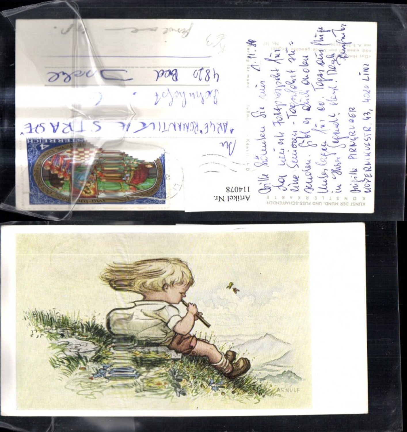 114078,Künstler Ak m. d. Mund gemalt A. E. Stegmann Das Hirtenlied Bub m. Flöte