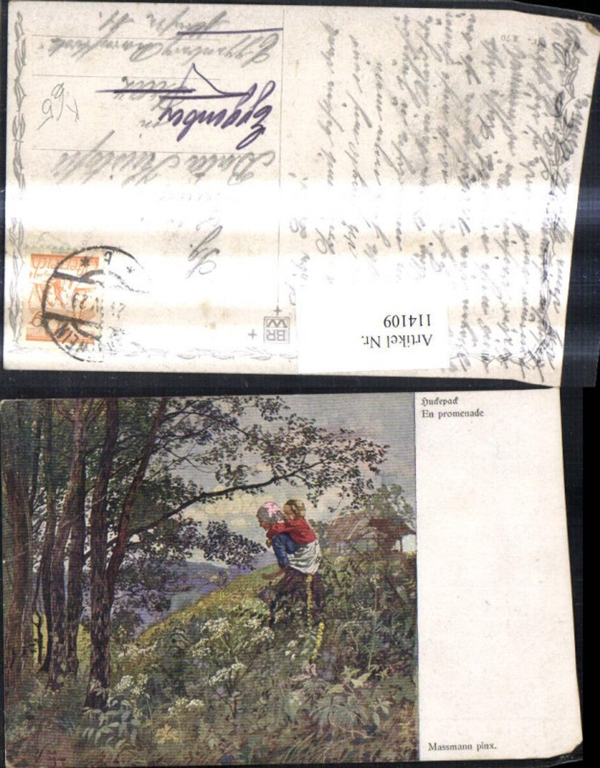 114109,Künstler Ak Massmann Huckepack En promenade Frau Mädchen Wald Landschaft