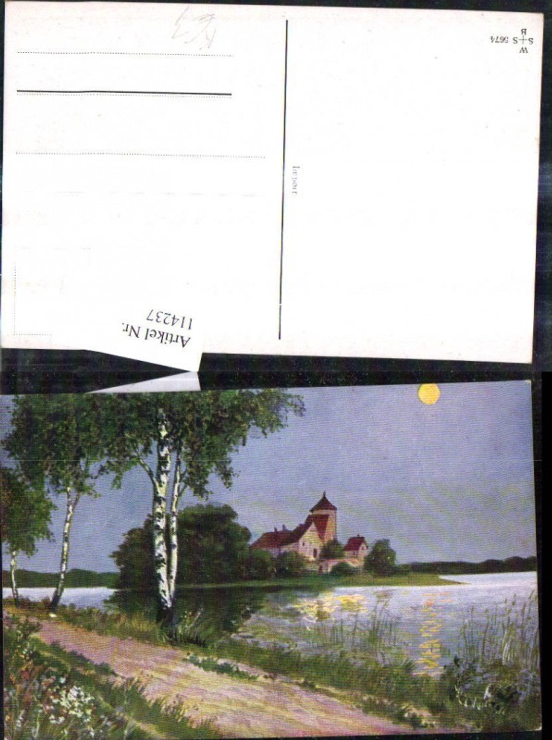 114237,Künstler Ak Landschaft Insel Dorf Birke a. Ufer