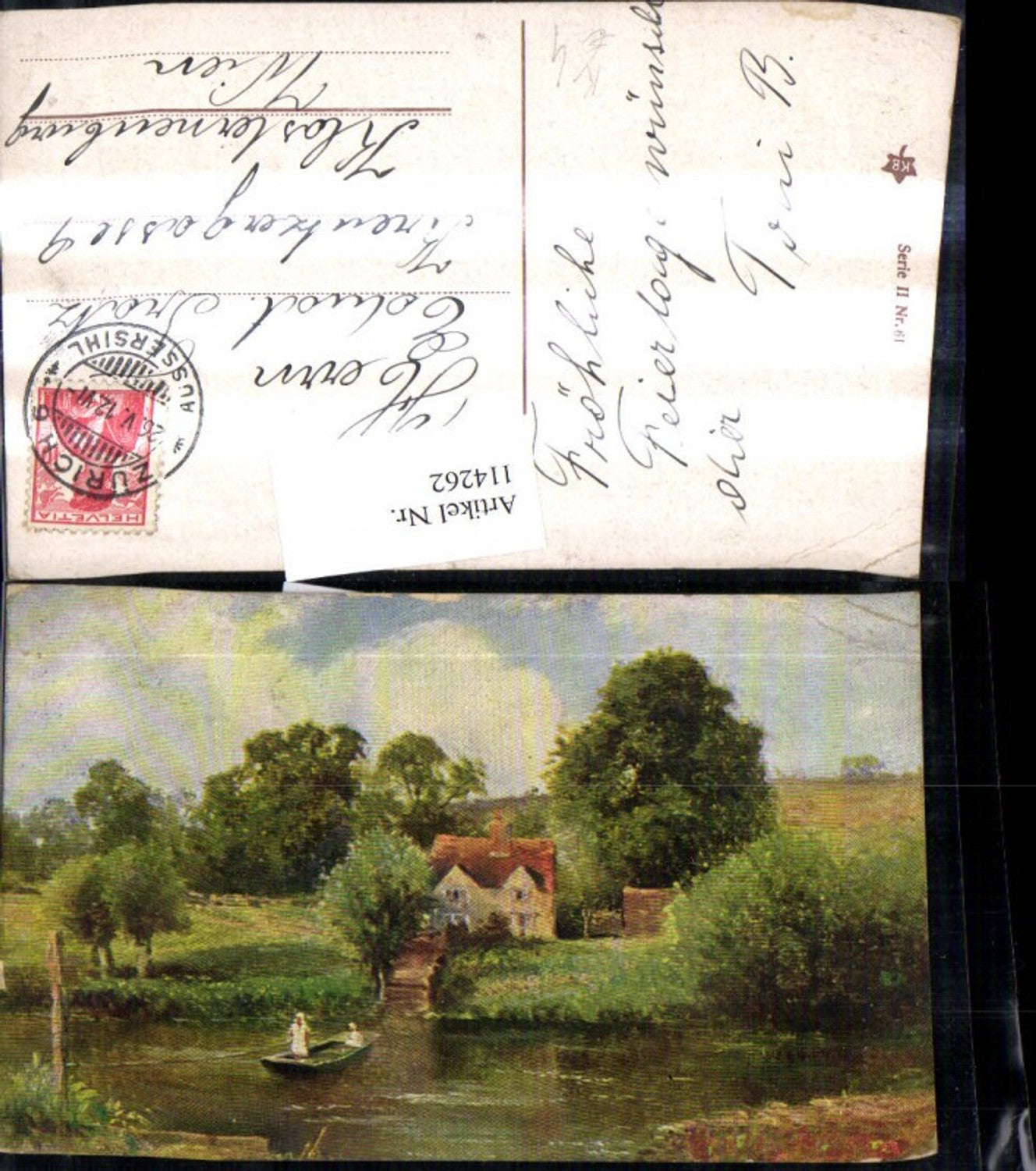 114262,Künstler Ak Fluss Boot Seilzug v. Ufer z. Ufer Haus Landschaft