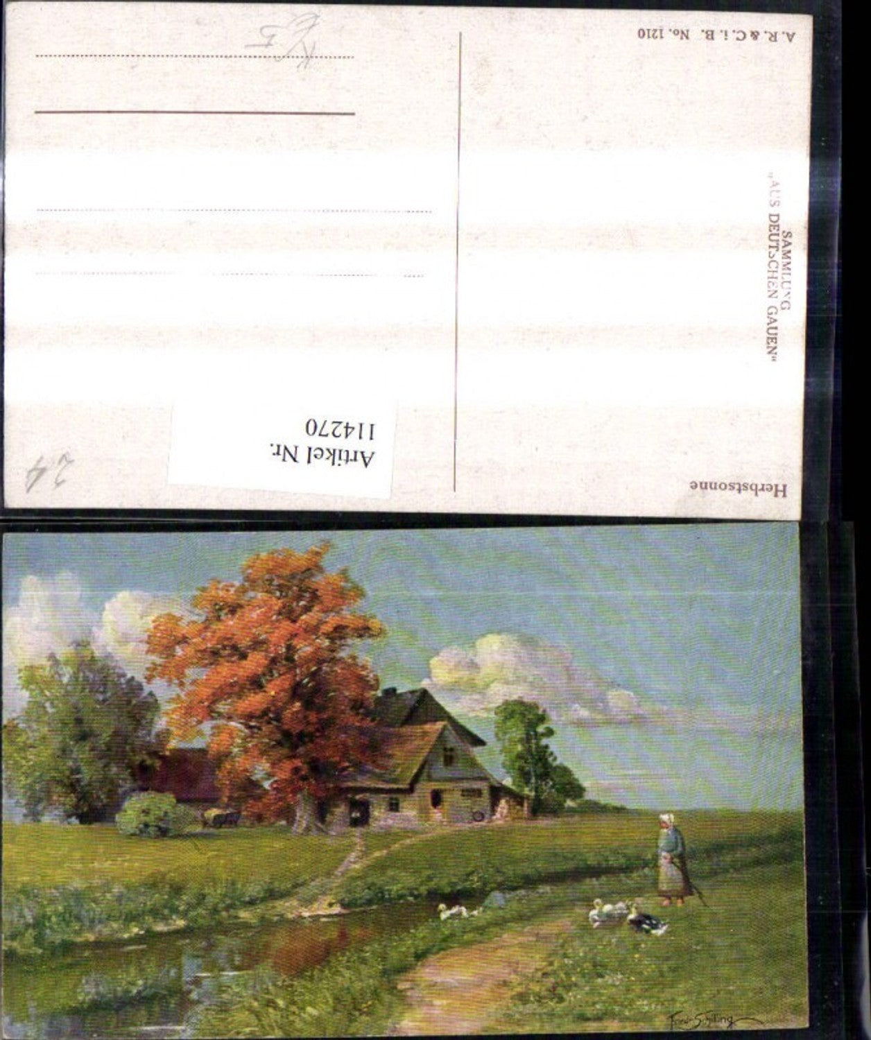 114270,Künstler Ak Friedrich Schilling Herbstsonne Bauernhof Hof Landschaft Frau Gänse