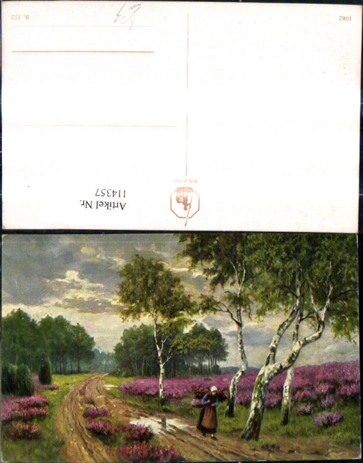 114357,Künstler Ak Frau a. Weg Birken Bäume Landschaft