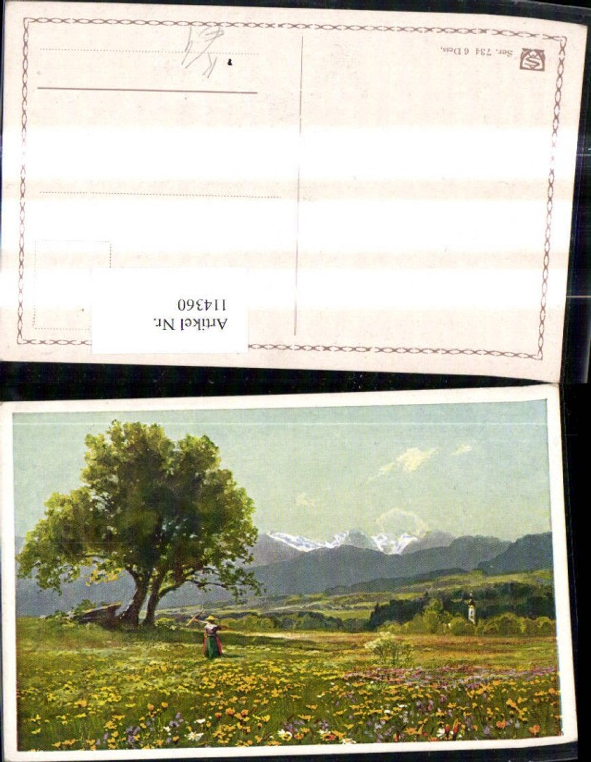 114360, Artist Ak Woman Meadow Landscape Mountain scenery Church in background