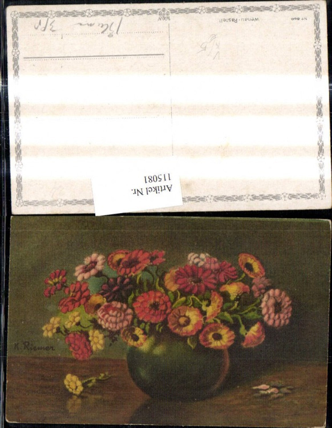 115081,Künstler Ak K. Riemer Blumenvase Vase m. Blumen pub Wenau Pastell 860