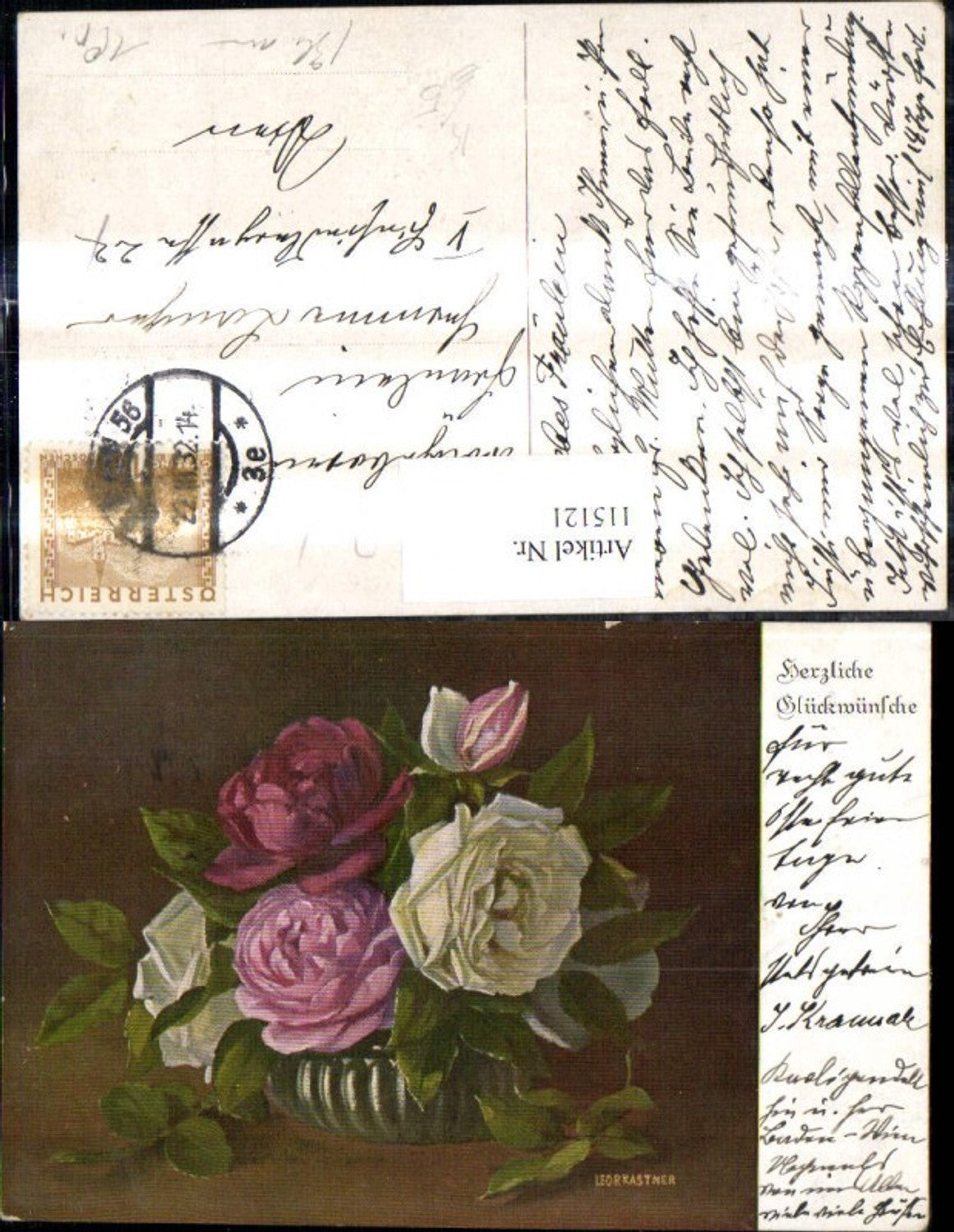 115121,Künstler Ak Leop. Kastner Blumenvase Schale m. Rosen Blumen