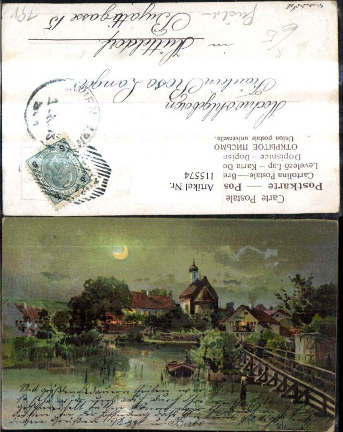115574,Künstler Ak Heinrich Dorf See Brücke Boot b. Mondschein