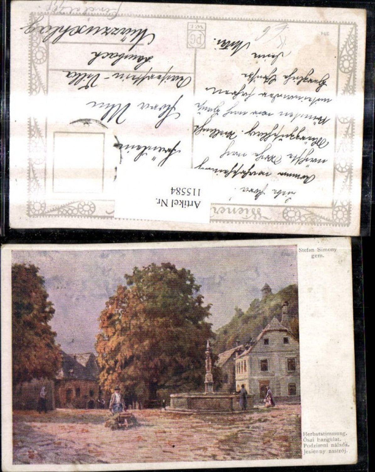 115584,Künstler Ak Stefan Simony Herbststimmung Dorfplatz Brunnen