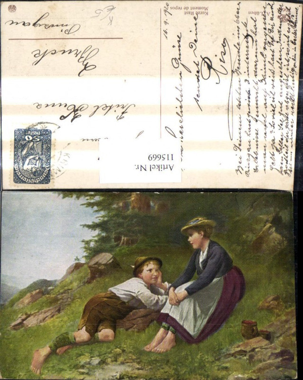 115669,Künstler Ak A. Lüben Kurze Rast Paar i. Tracht a. Berg