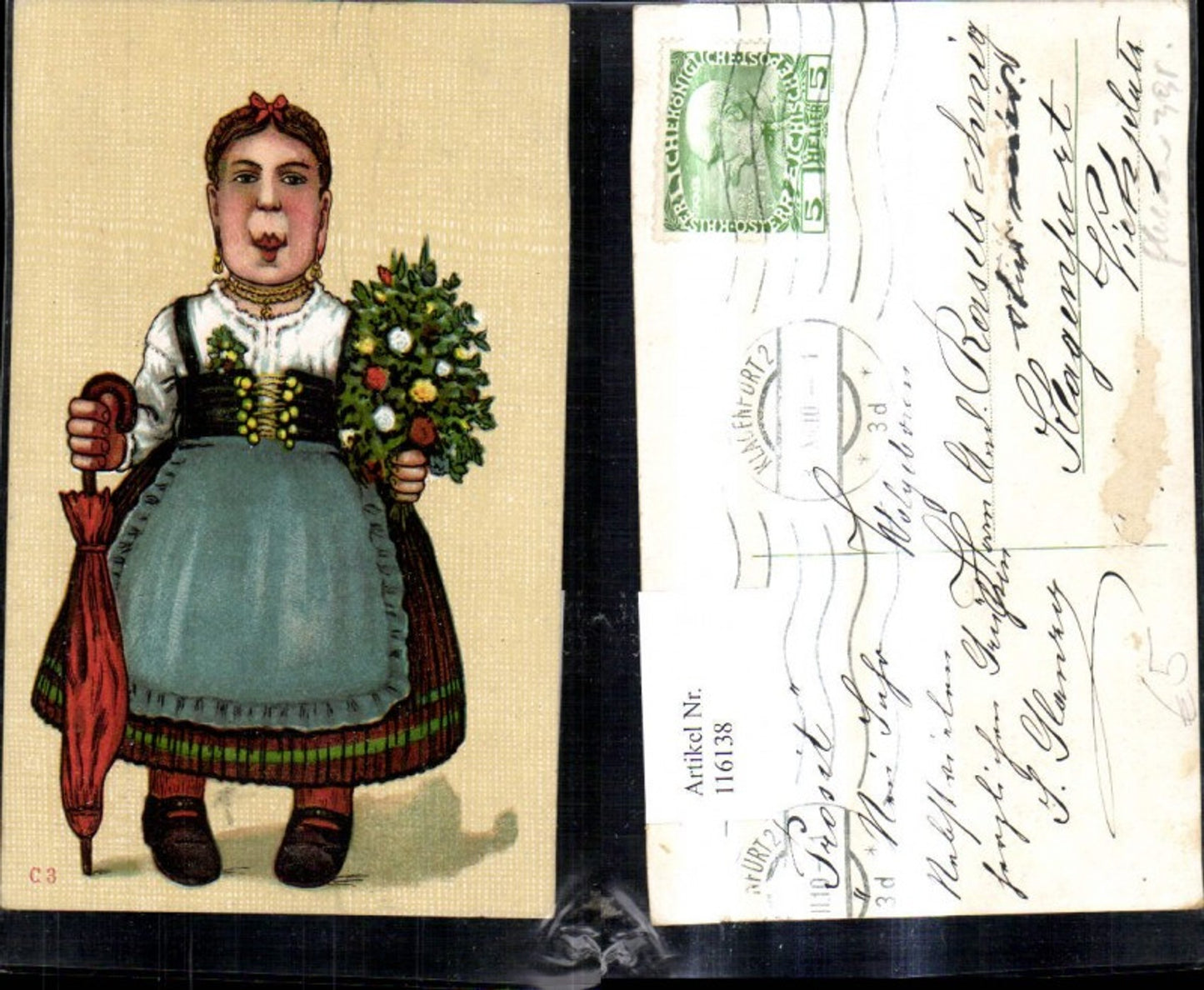 116138,Künstler Ak Frau Tracht Regenschirm Schirm Blumenstrauß