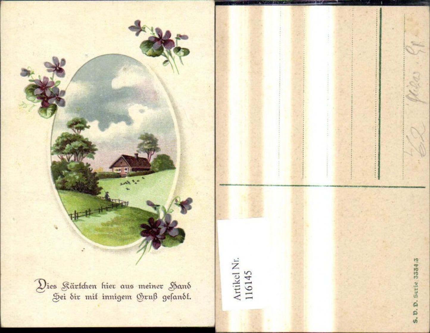 116145,Künstler Litho Haus Landschaft Passepartout Veilchen Spruch Text