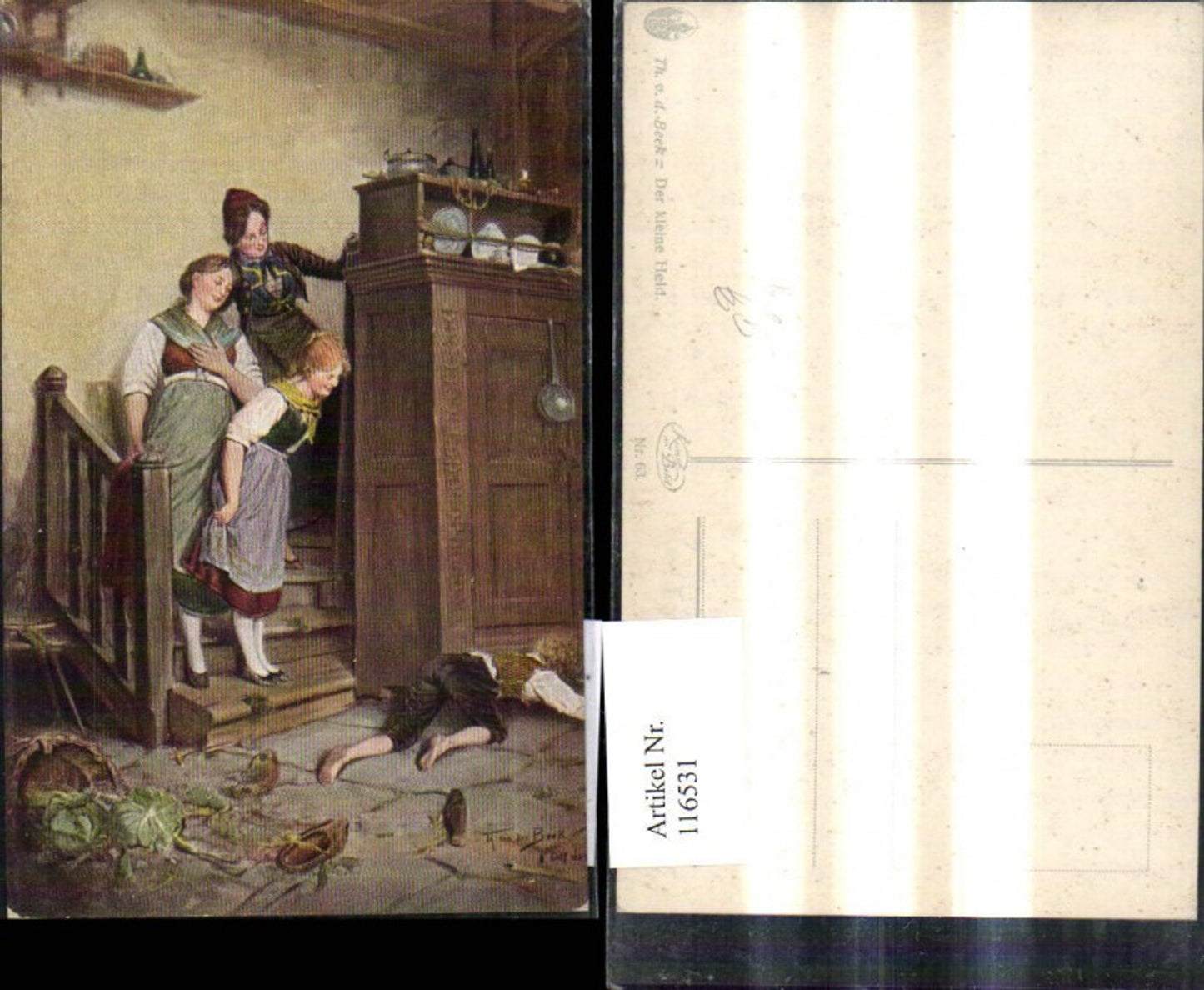 116531,Künstler Ak Th. v. d. Beek Der kleine Held Bub Sturz Frauen a. Stiege