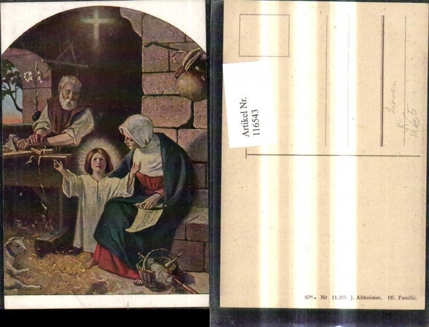 116543,Künstler Ak J. Altheimer Heilige Familie Zimmerer Jesuskind Stall