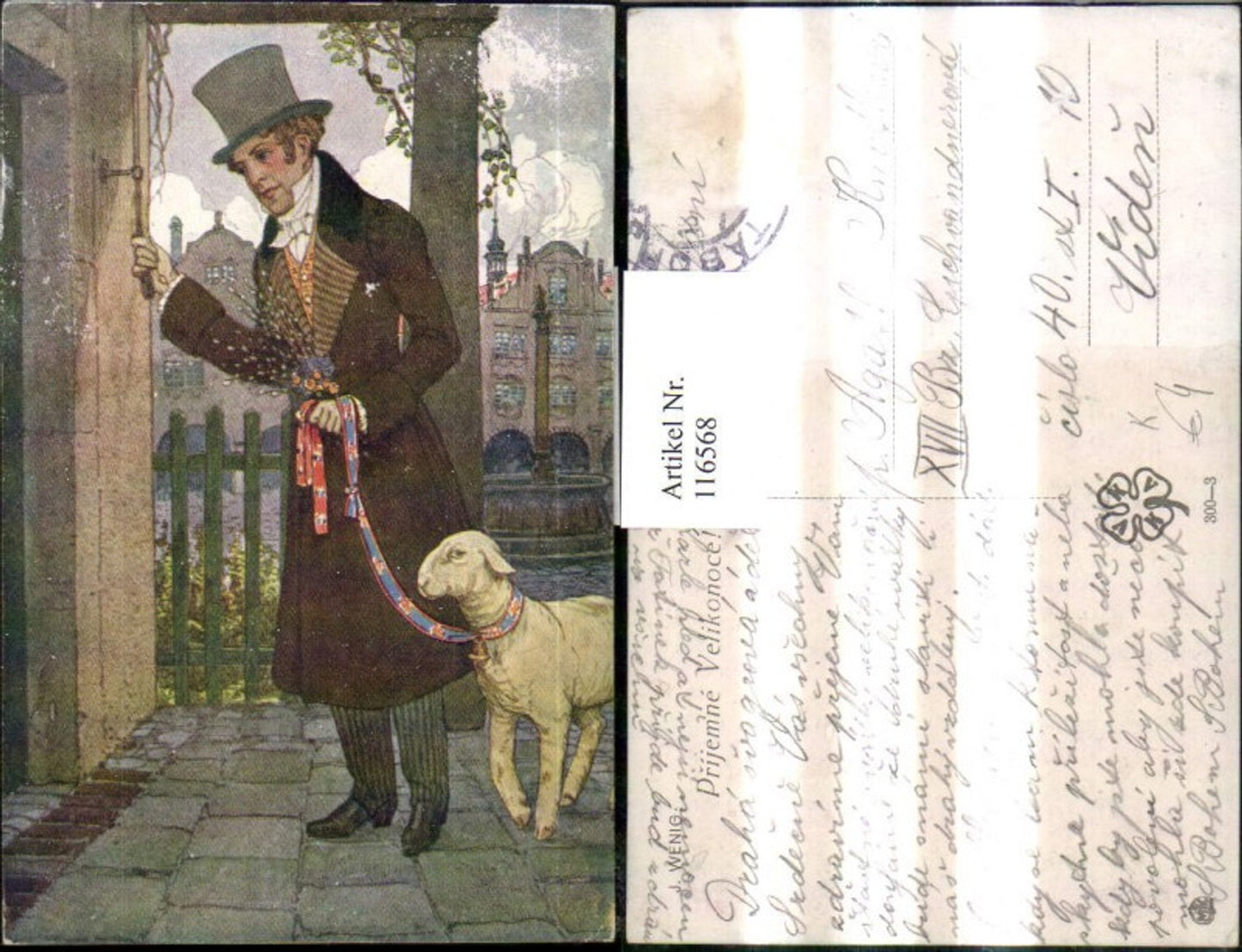 116568,Künstler Ak J. Wenig Mann läutet b. Tür Lamm a. Leine Palmkätzchenstrauß Ostern