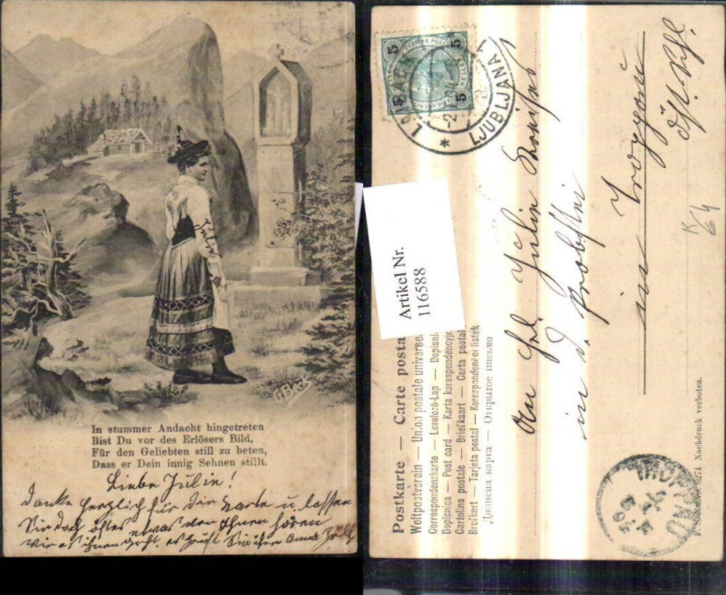 116588,Künstler Ak G. Beck Frau Tracht b. Marterl Bildstock Spruch Text