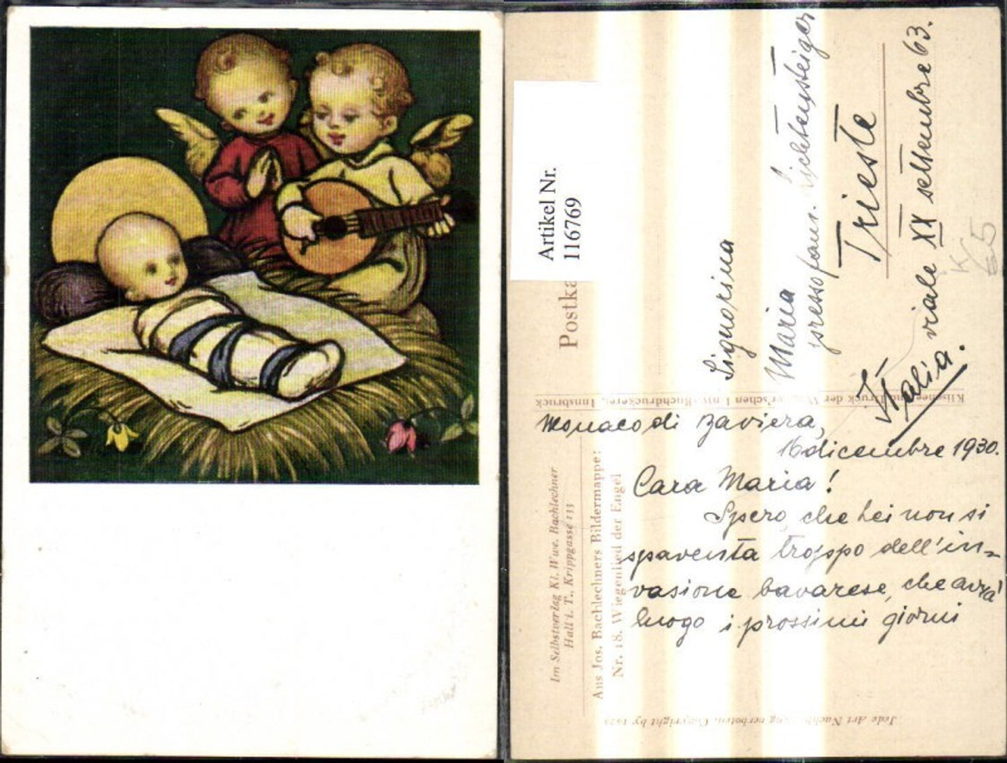 116769,Künstler Ak Jos. Bachlechners Wiegenlied d. Engel Mandoline Jesuskind