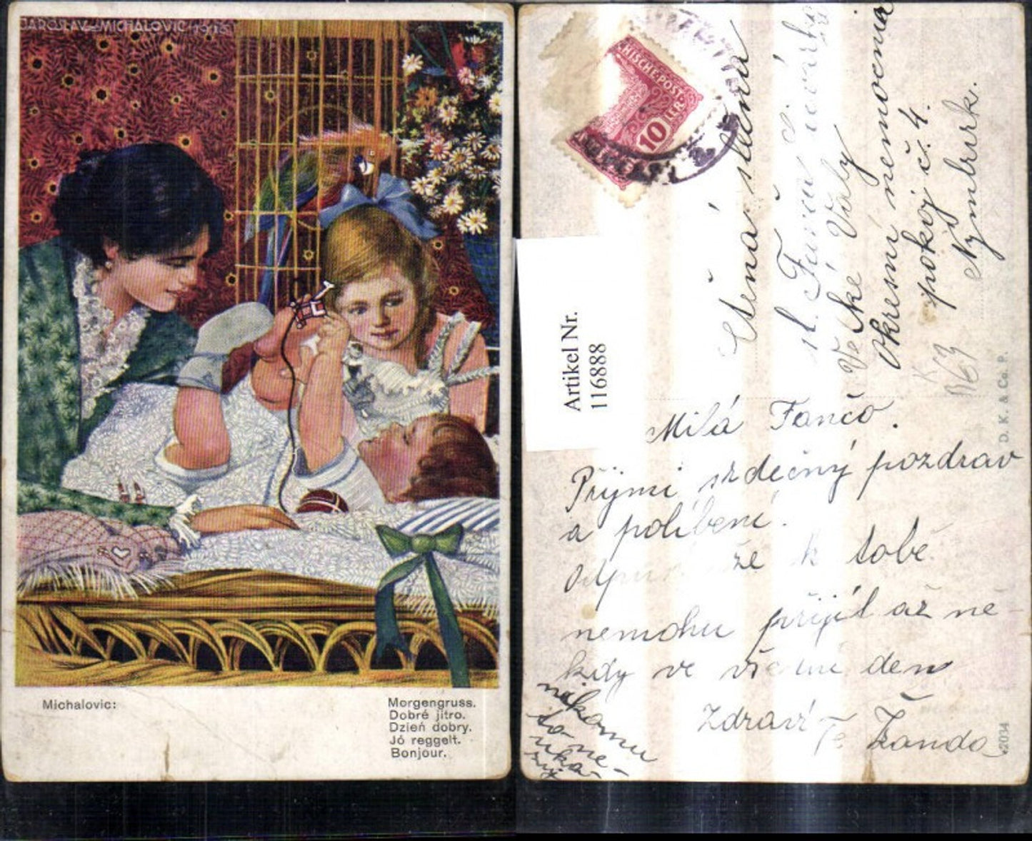 116888,Künstler Ak Michalovic Morgengruss Frau m. Kinder Bett Käfig Papagei